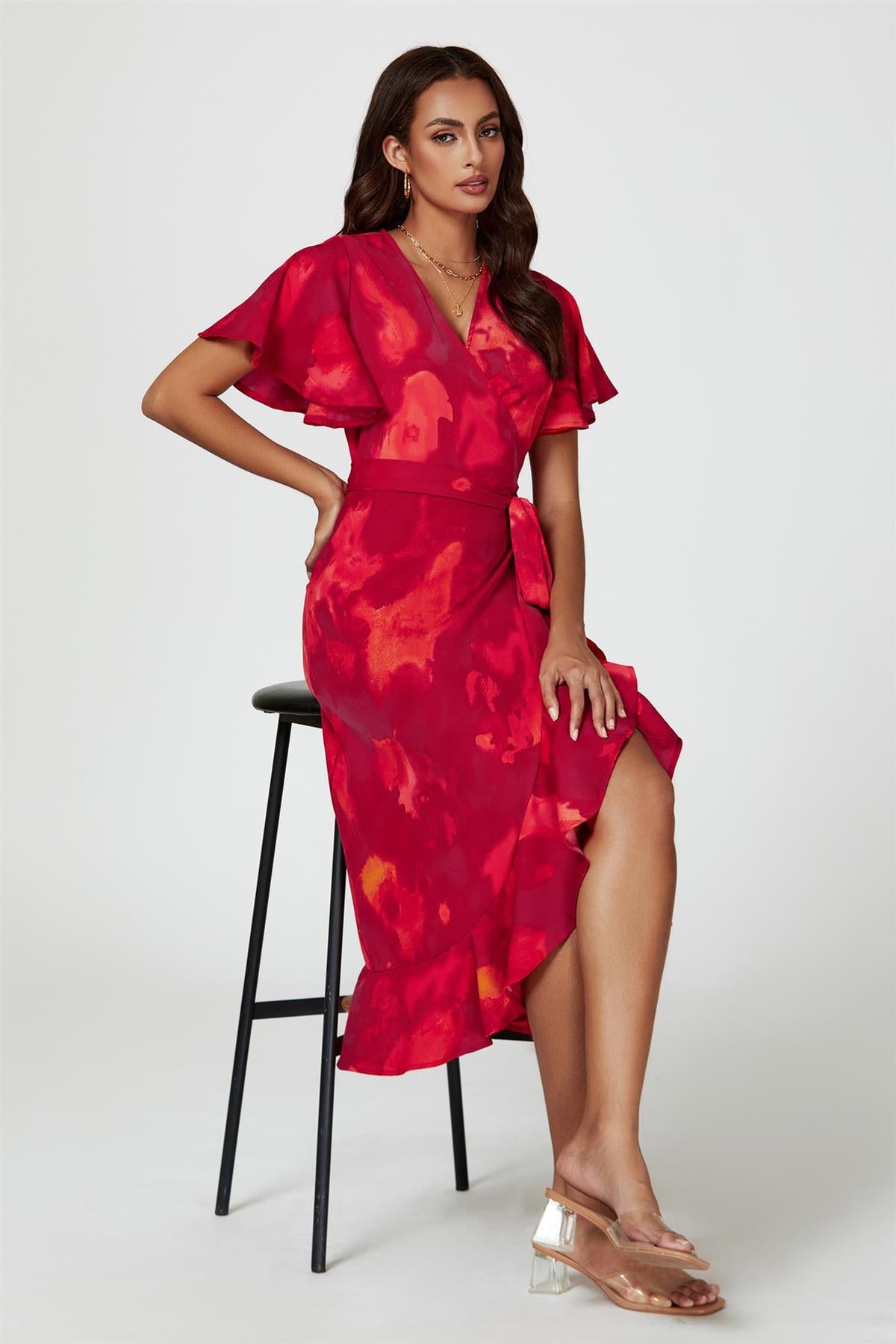 Abstract Print Angel Sleeve Wrap Midi Dress In Red