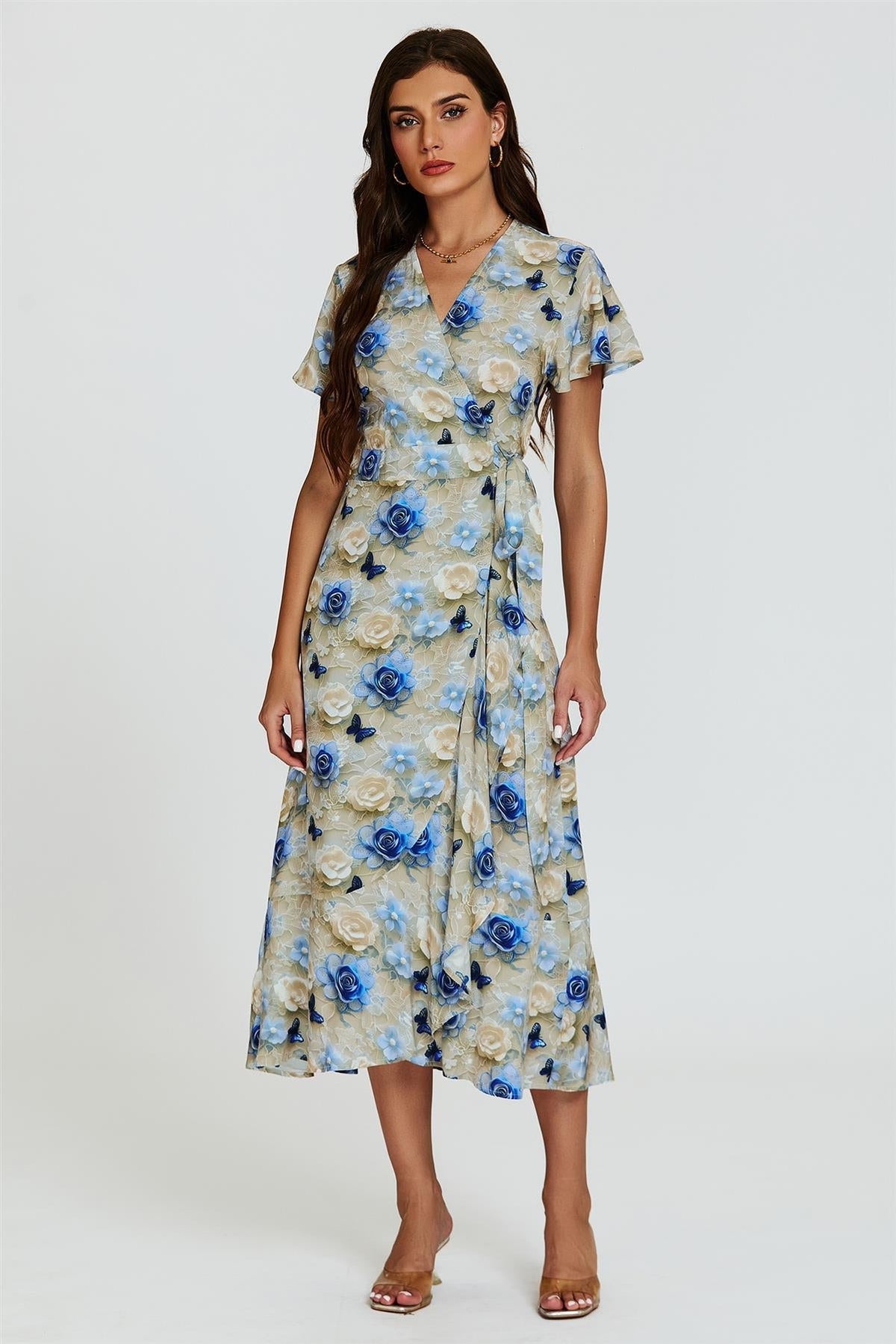 Floral Print Wrap Hem Midi Dress In Beige