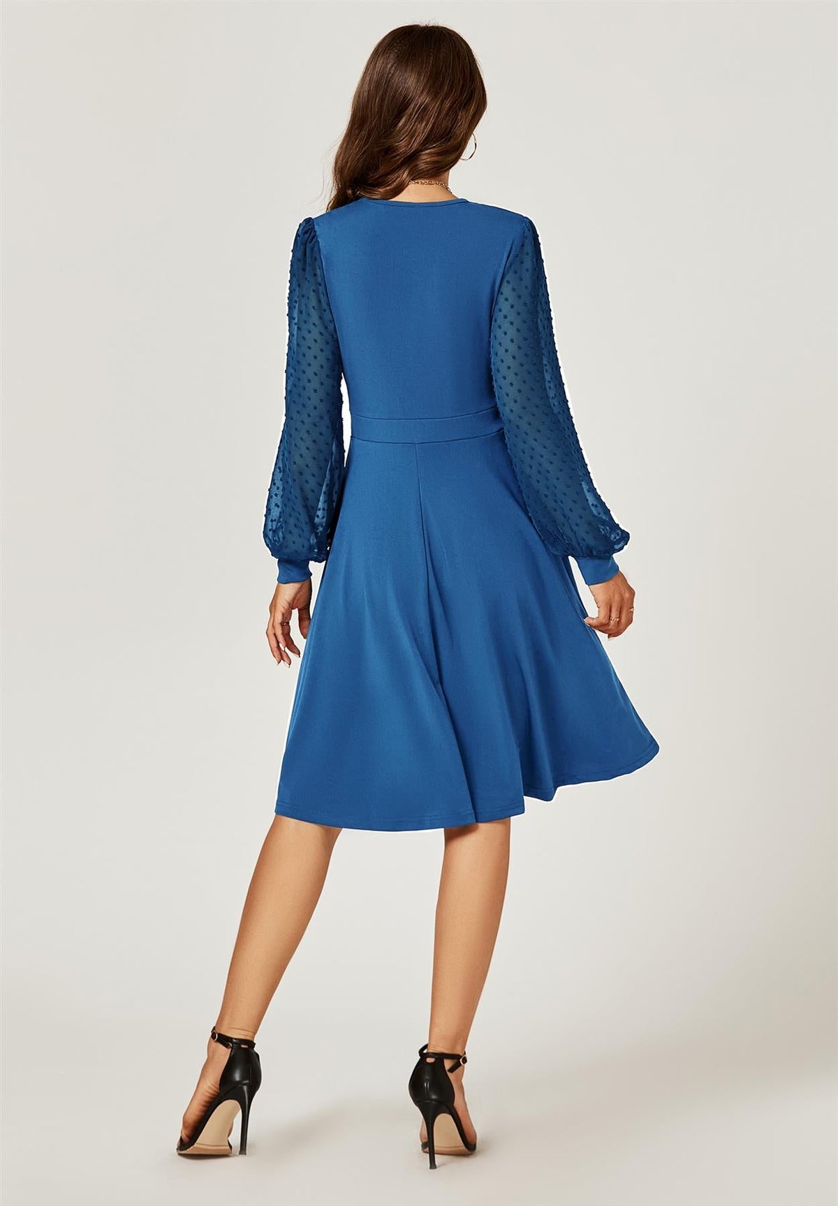 Long Chiffon Sleeve Pleated Midi Dress In Blue