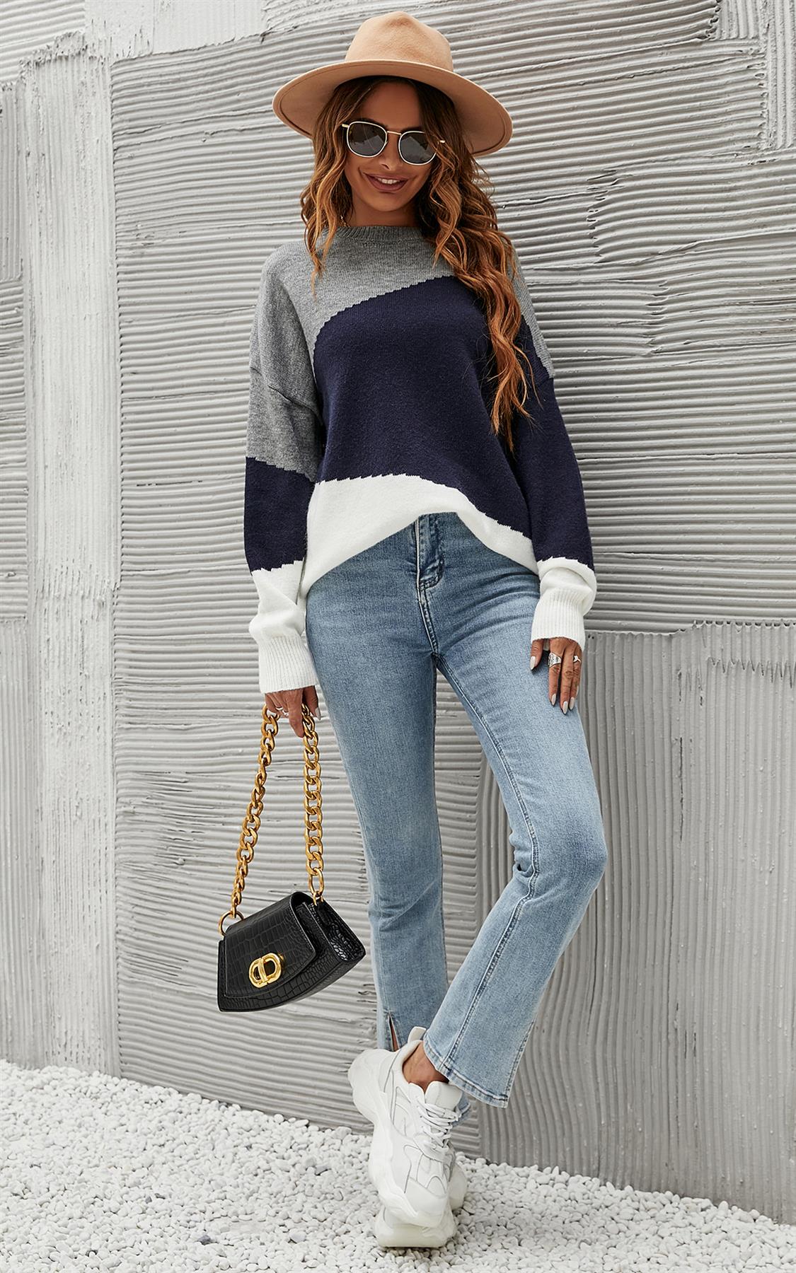 Navy & White Block Colour Jumper Top In Grey
