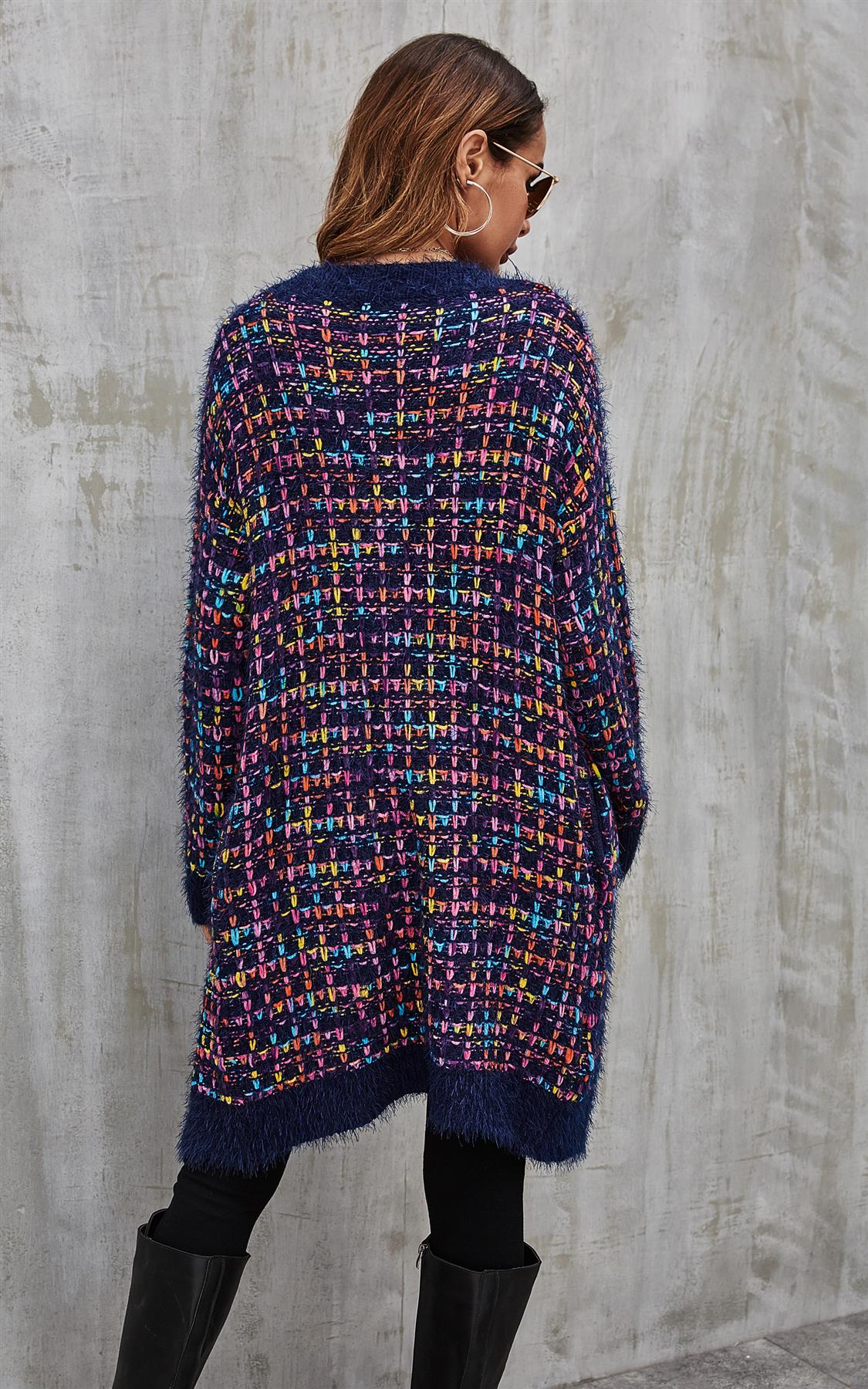 Pink mix Multi colour Speckles Boucle Check Cardigan In Navy