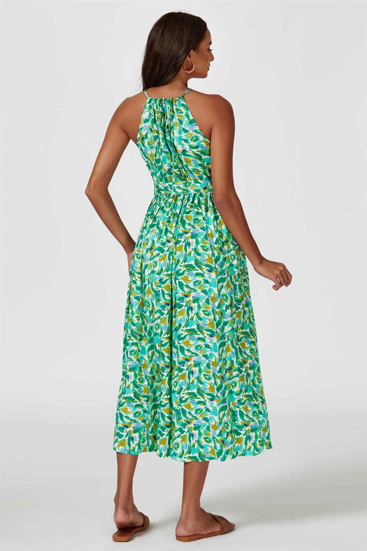 Abstract Print Tie Halterneck Maxi Dress In Green