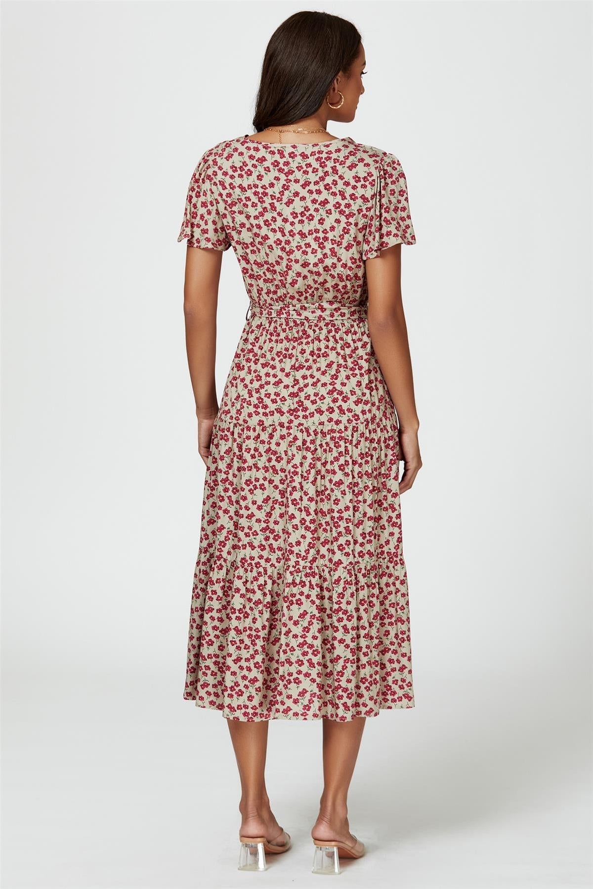 Pink Floral Print Wrap Midi Dress In Beige