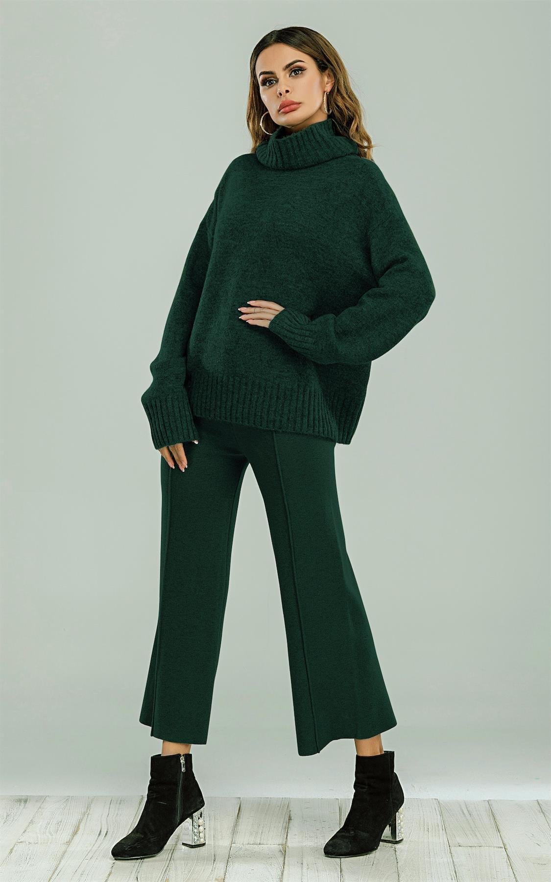 Wool Blended Jumper Top With High Neck In Dark Green