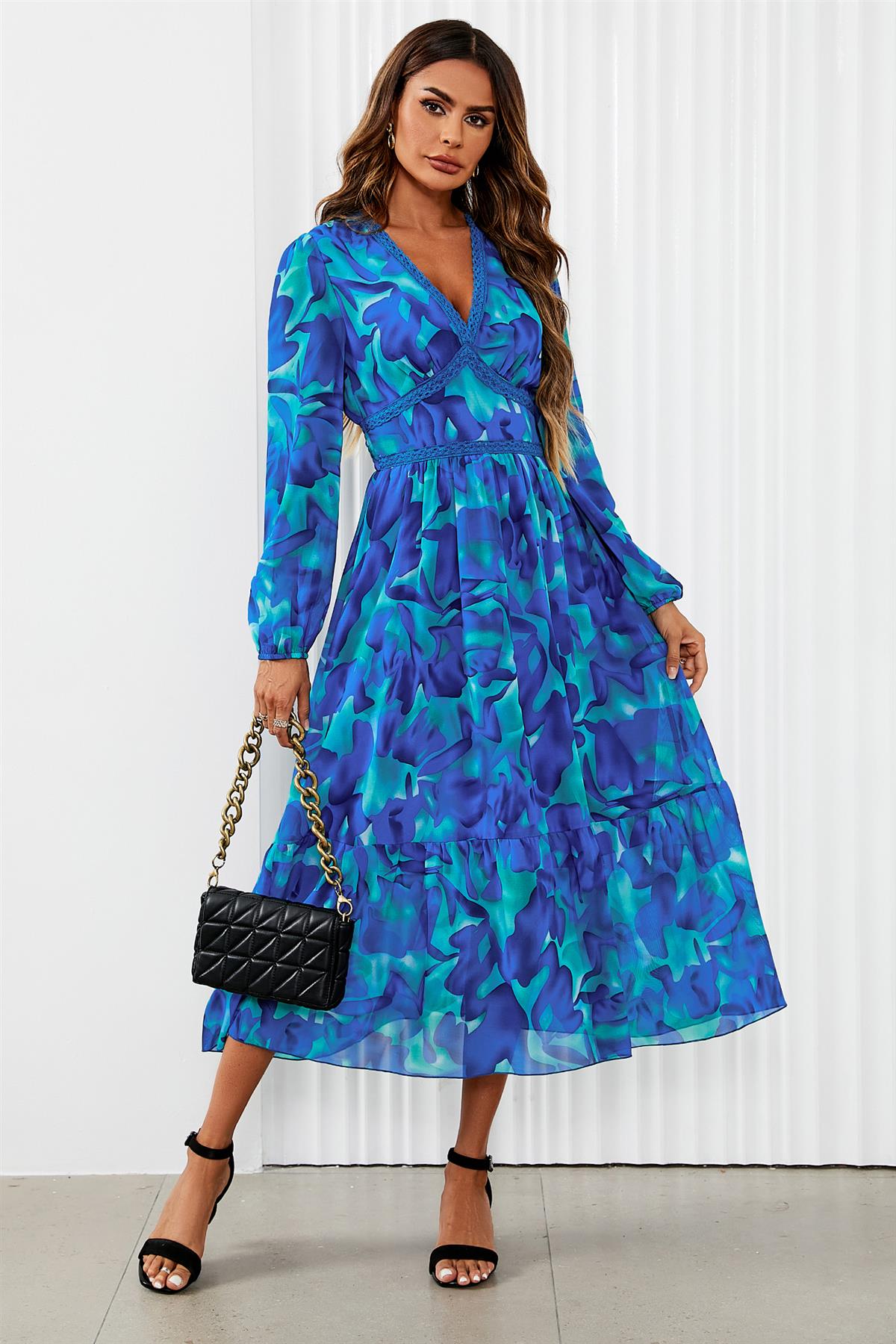 Floral Lace-Trim Midi Dress — Blue