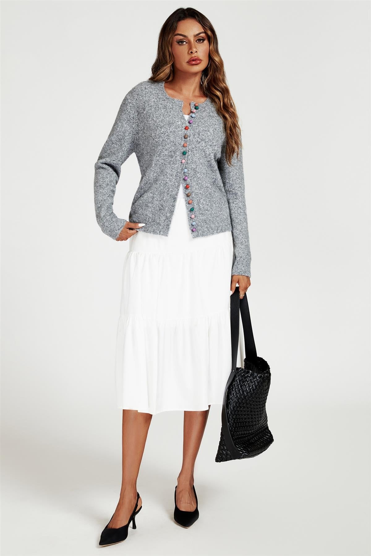 Rainbow Buttons Cardigan In Grey