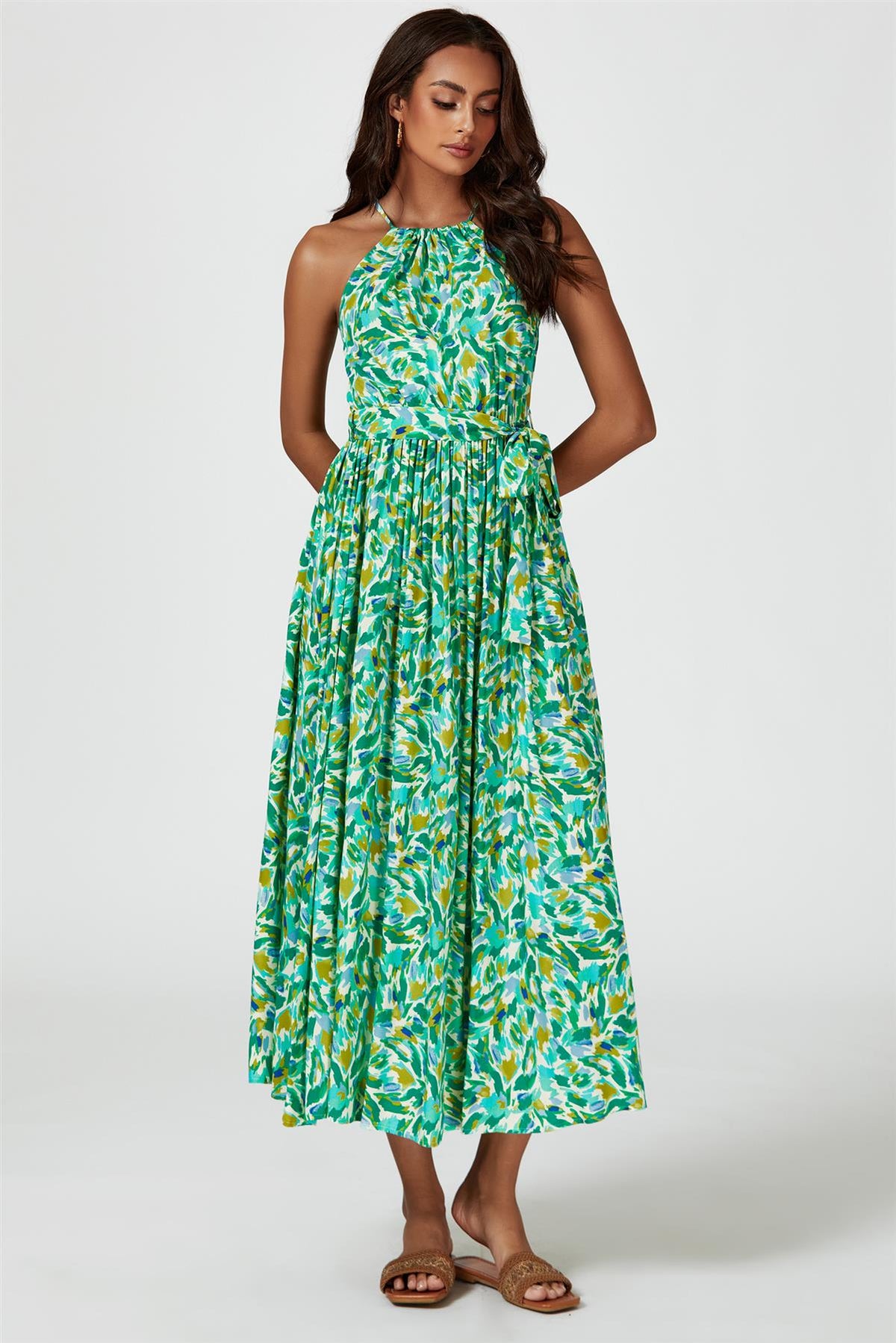 Abstract Print Tie Halterneck Maxi Dress In Green