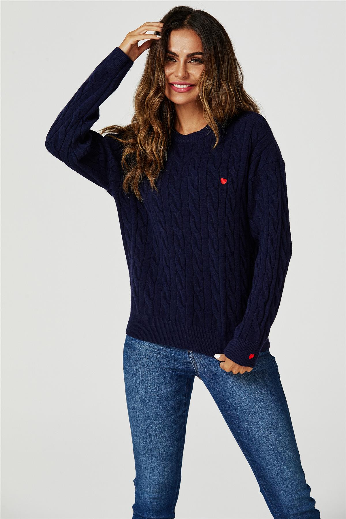 Heart Embroidery Jumper Top In Navy