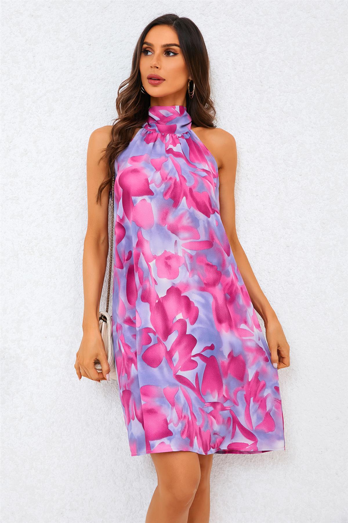Abstract Floral Print Halter Neck Tie Back Mini Dress In Pink