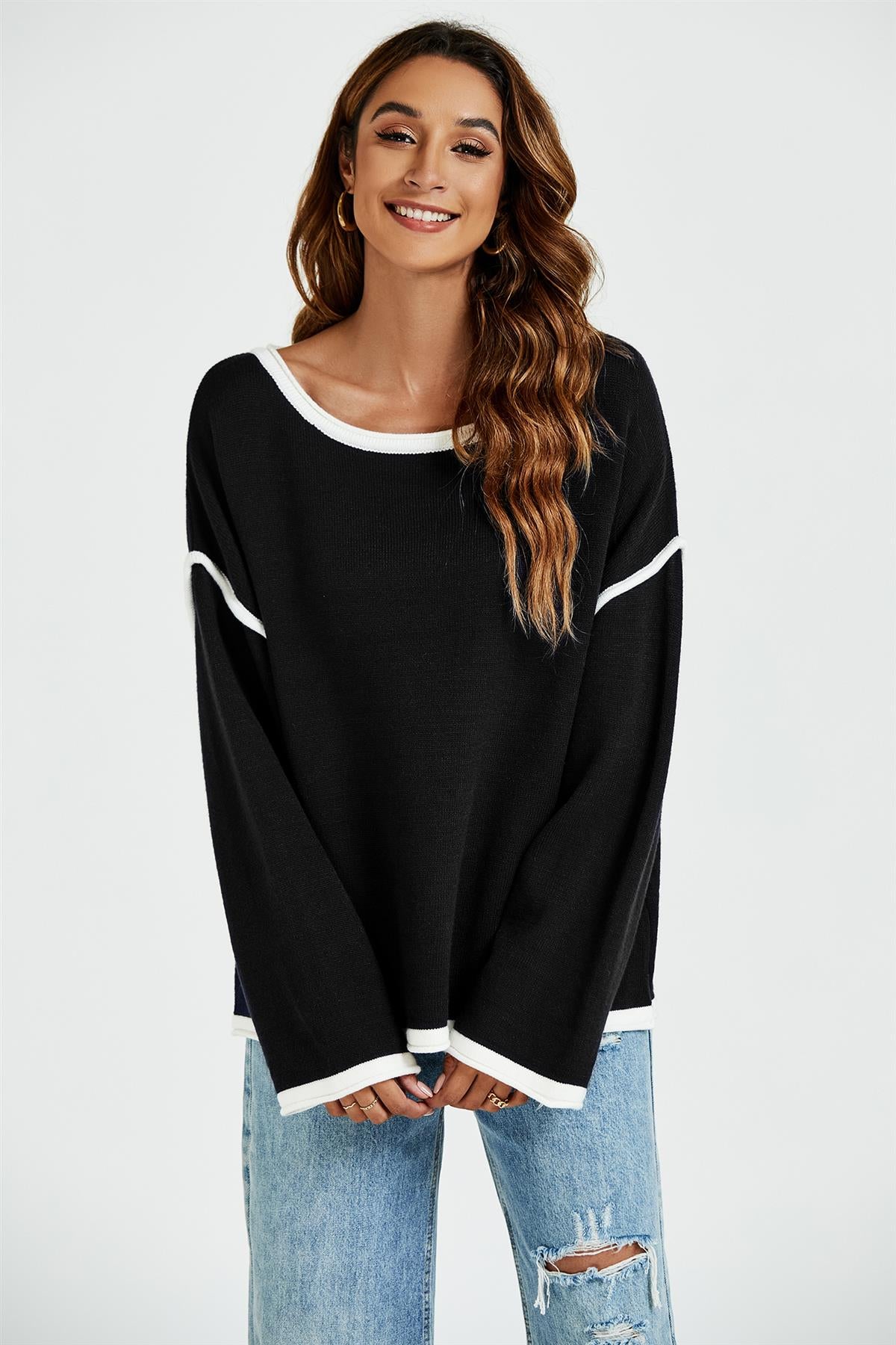 White Striped Oversized Jumper Top In Black