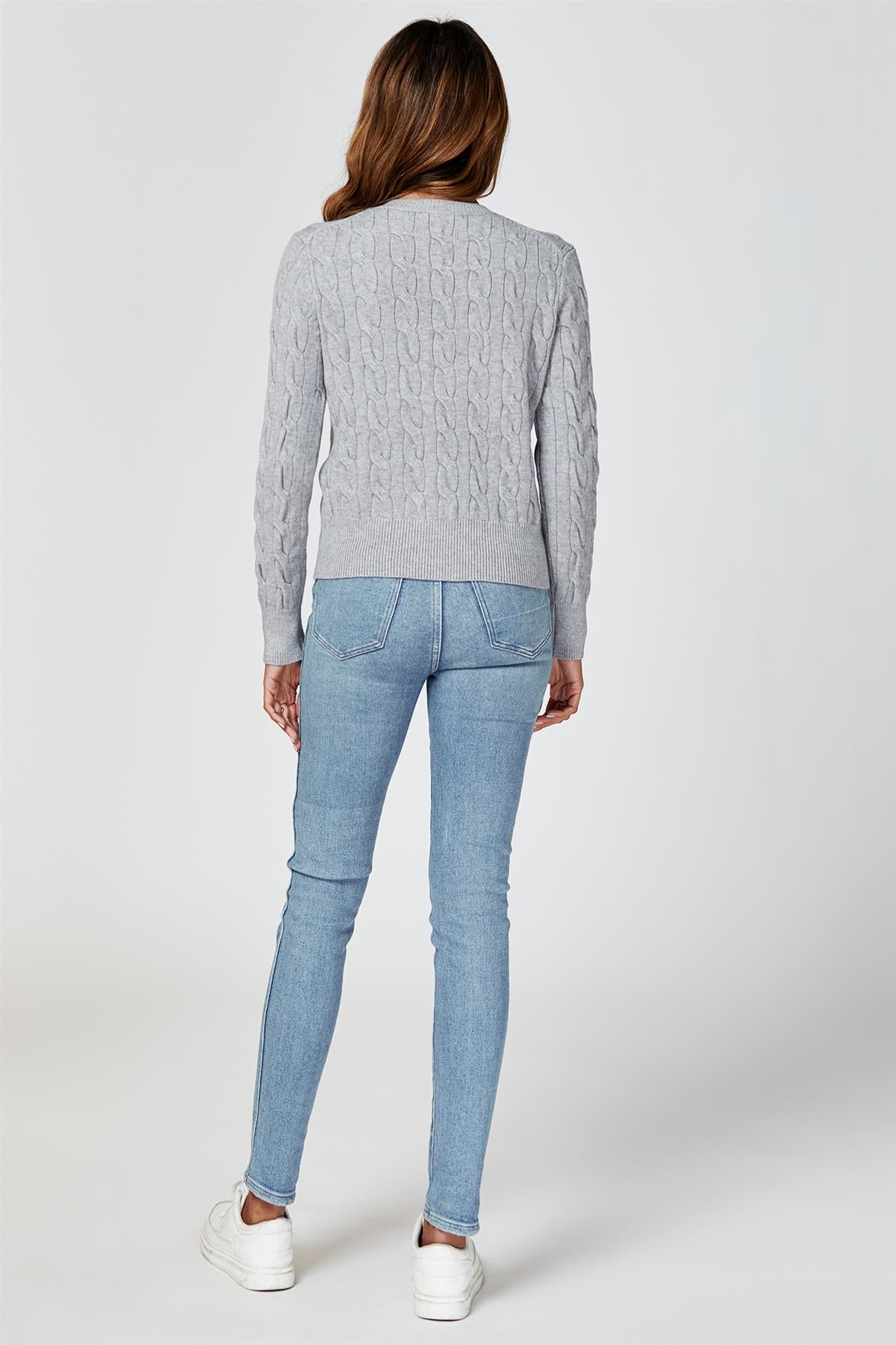 Cable-Knit Crewneck Cardigan In Grey