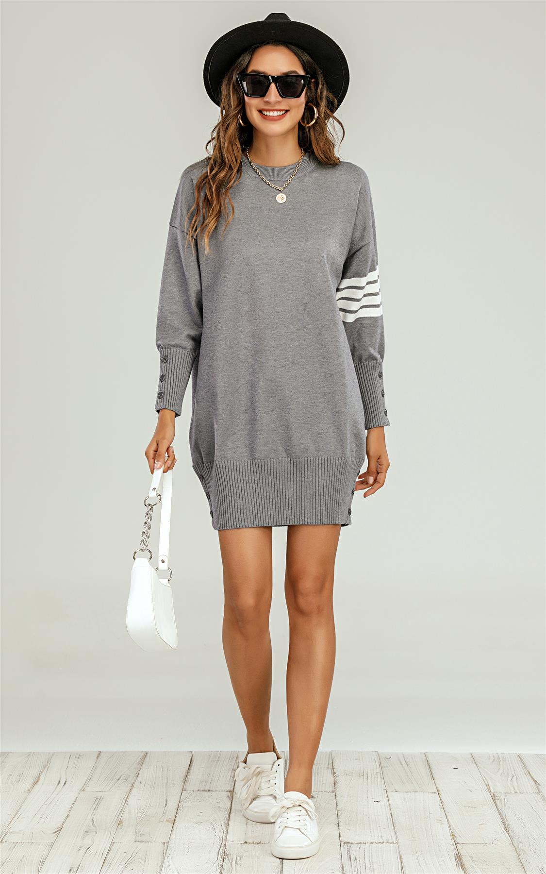 Knitted Tunic Jumper Dress With White Stripe In Grey