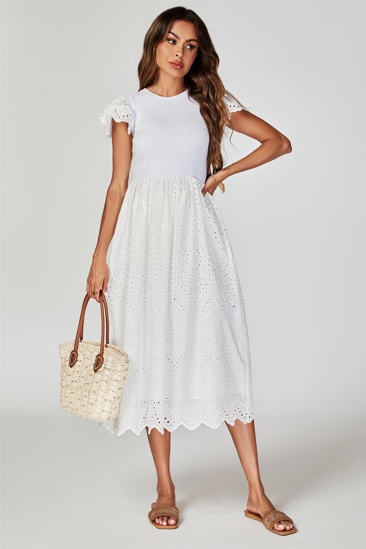 Jersey Broderie Midi Dress In White