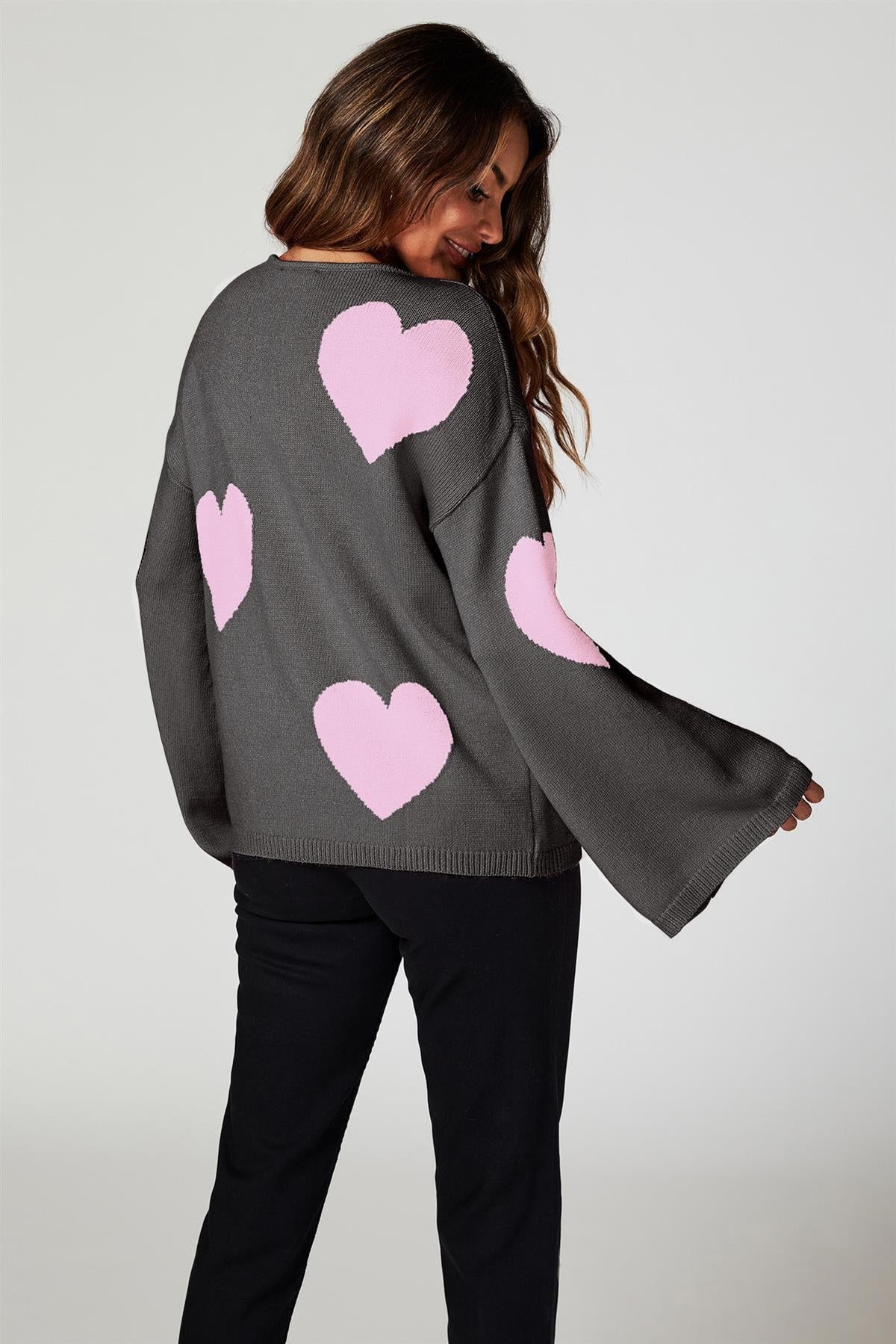 Heart Patten Wide Sleeve Oversize Jumper In Dark Grey