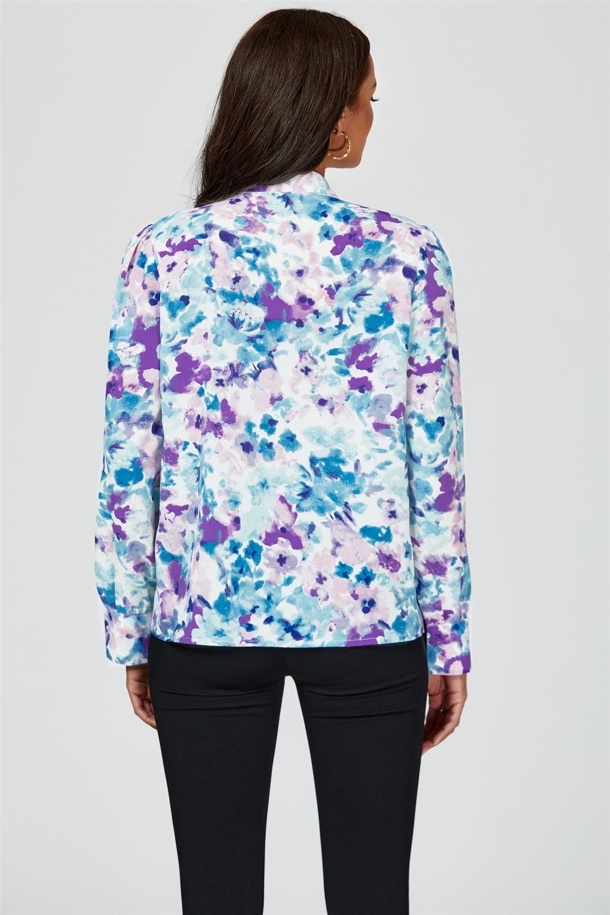 Abstract Floral Print Tie Detail long sleeve Blouse Top In Blue