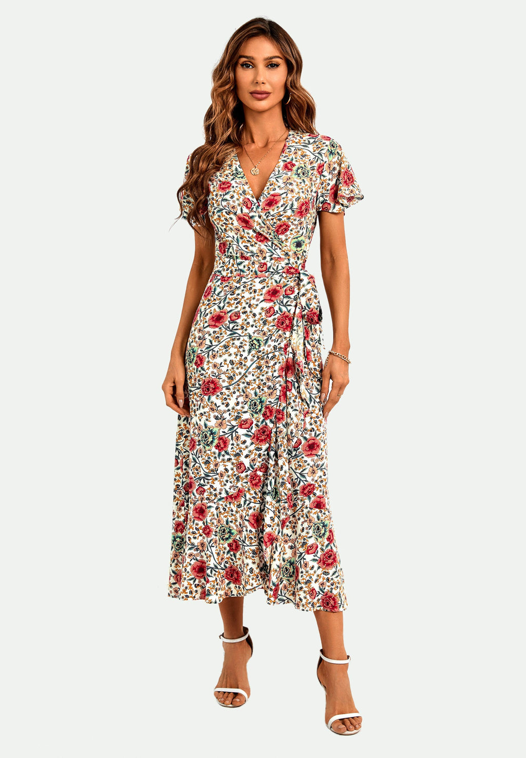 Angel Sleeve Hem Detail Midi Wrap Dress in Offwhite