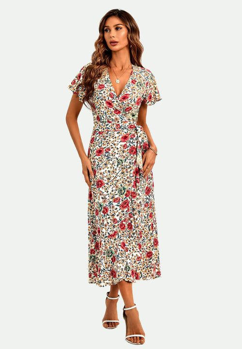 Angel Sleeve Hem Detail Midi Wrap Dress in Offwhite