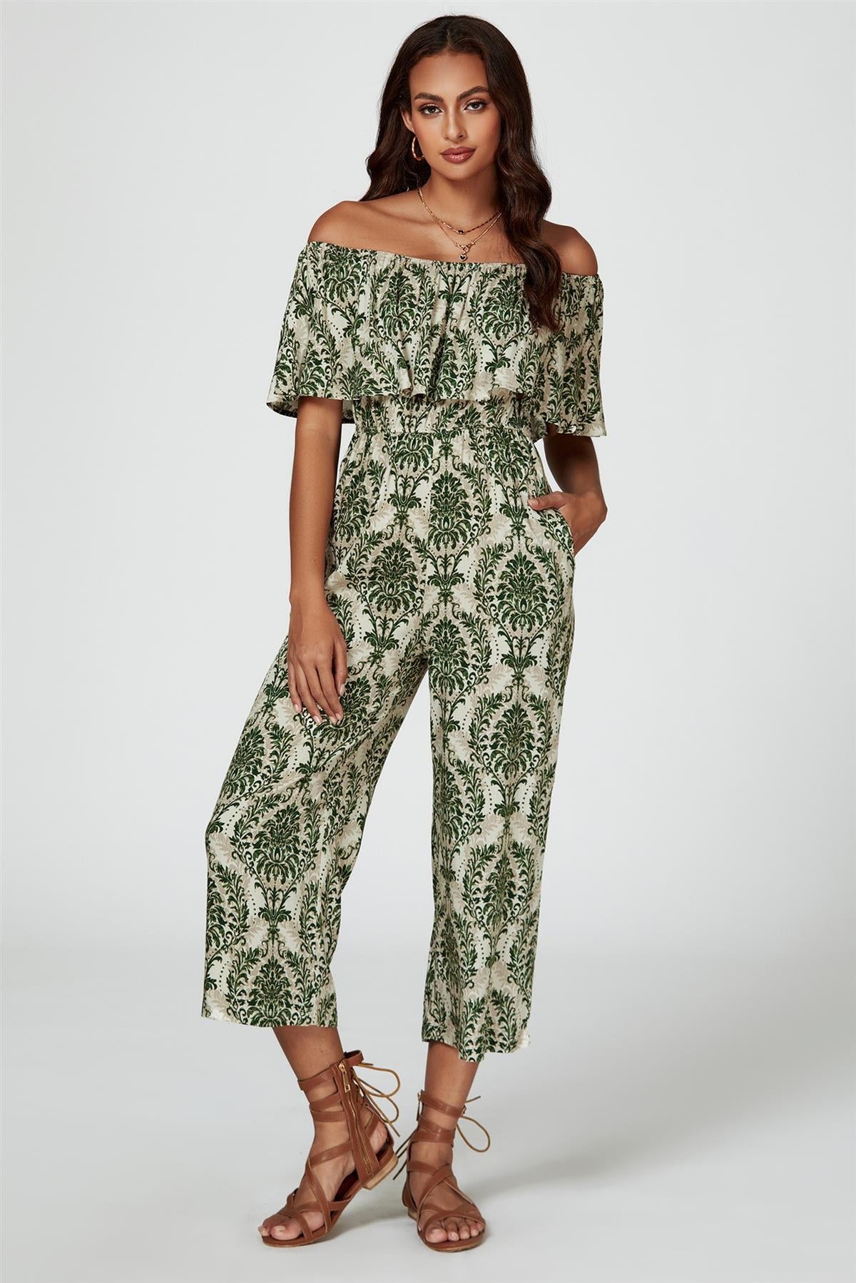 Off The Shoulder Print Frill Jumpsuit In Green