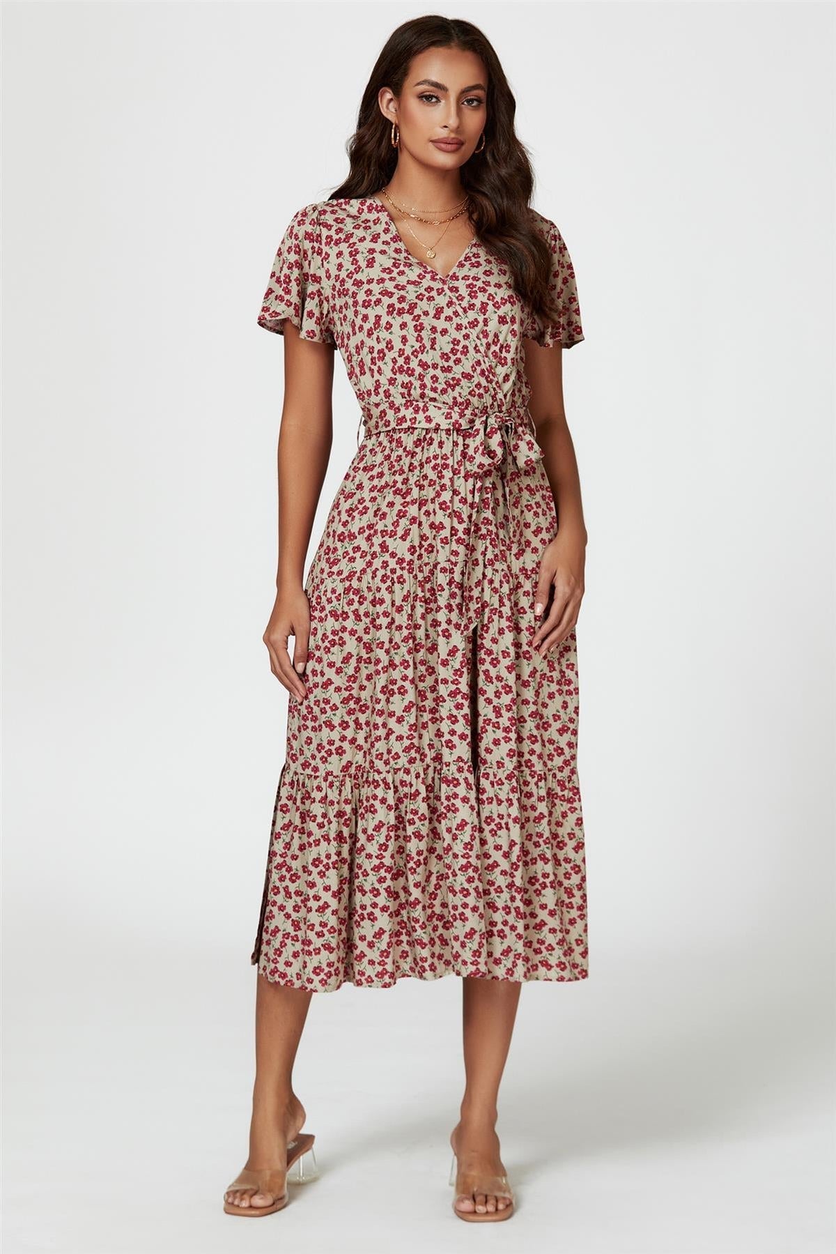 Pink Floral Print Wrap Midi Dress In Beige