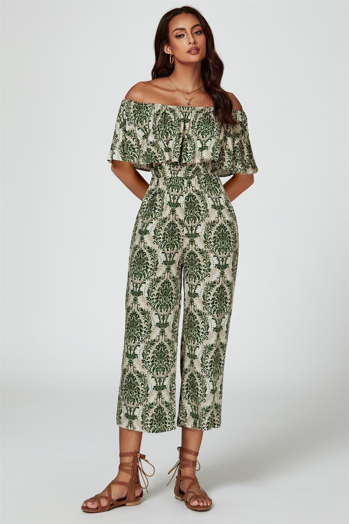 Off The Shoulder Print Frill Jumpsuit In Green