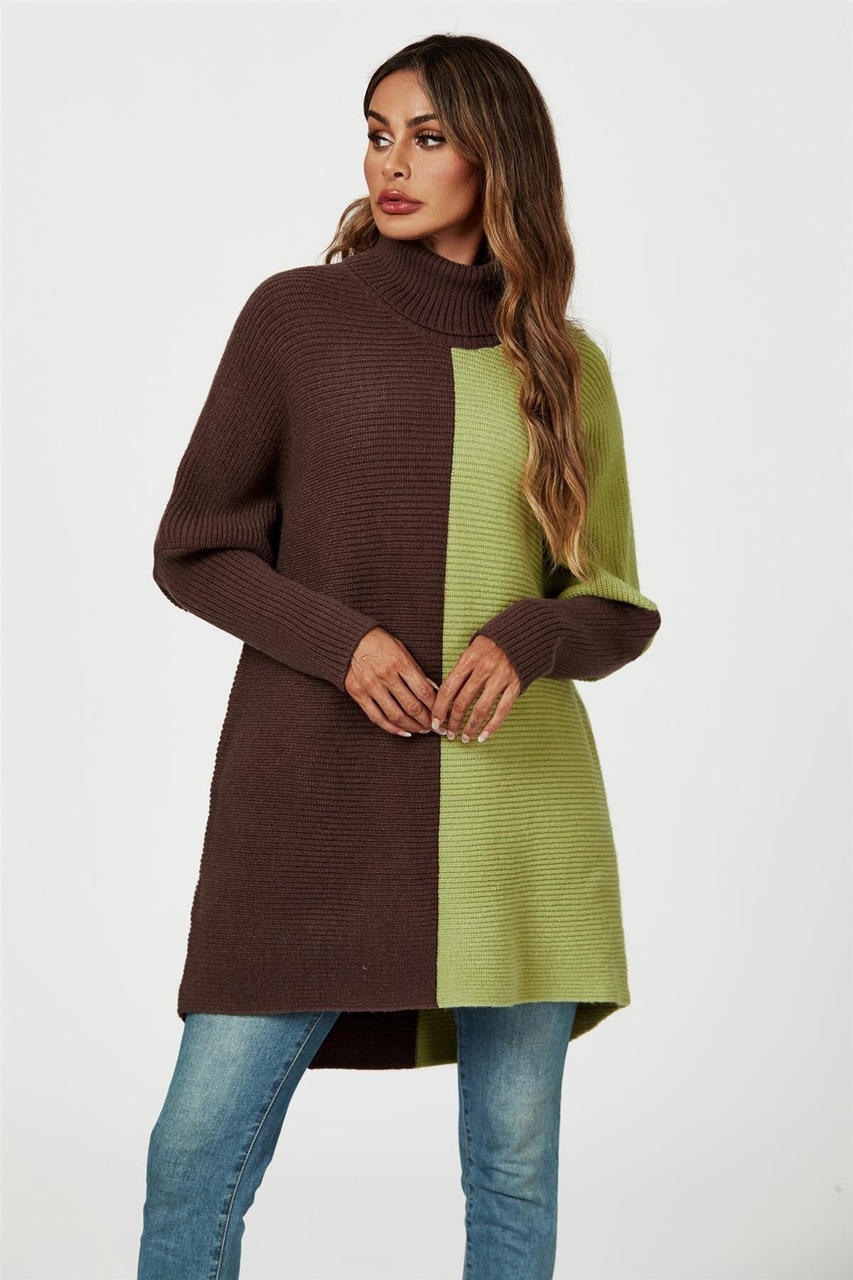 High Neck Half Brown & Green Block Colour Jumper Top