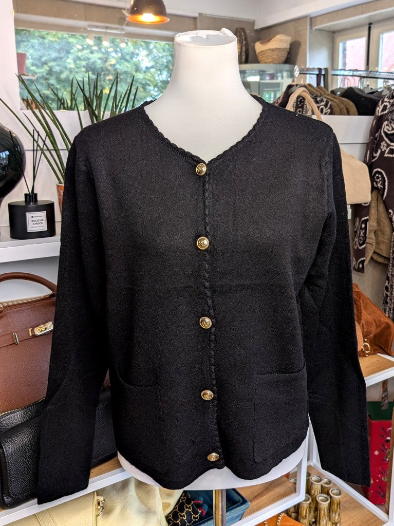 Wool Blend Cardigan with Gold Buttons — Black