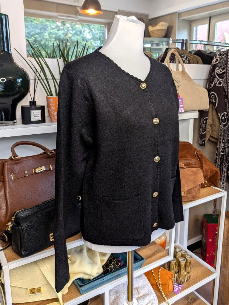 Wool Blend Cardigan with Gold Buttons — Black