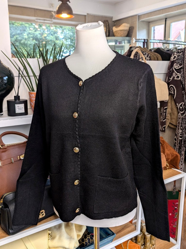 Wool Blend Cardigan with Gold Buttons — Black
