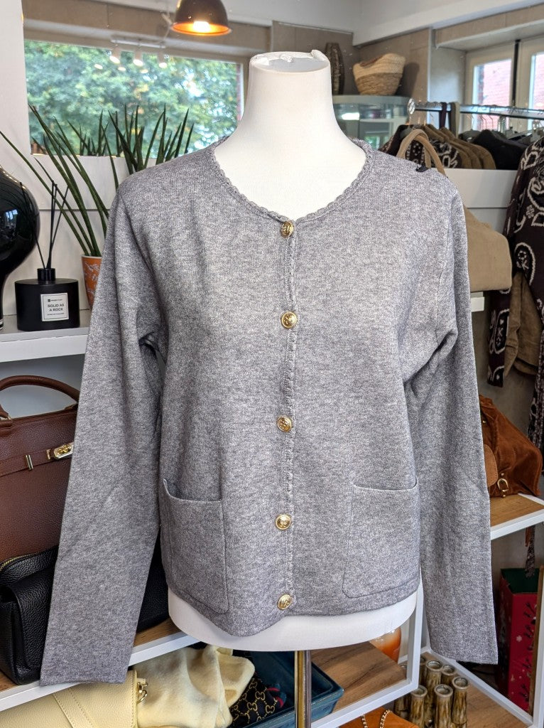 Wool Blend Cardigan with Gold Buttons — Silver Grey