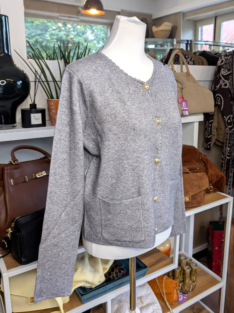 Wool Blend Cardigan with Gold Buttons — Silver Grey