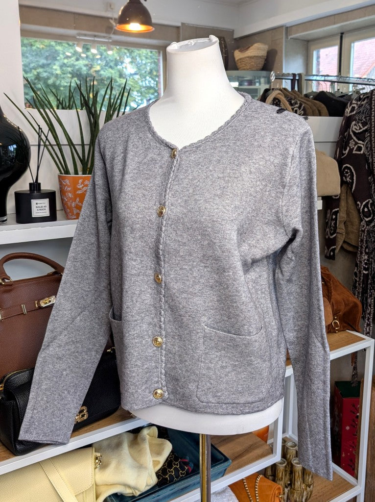 Wool Blend Cardigan with Gold Buttons — Silver Grey