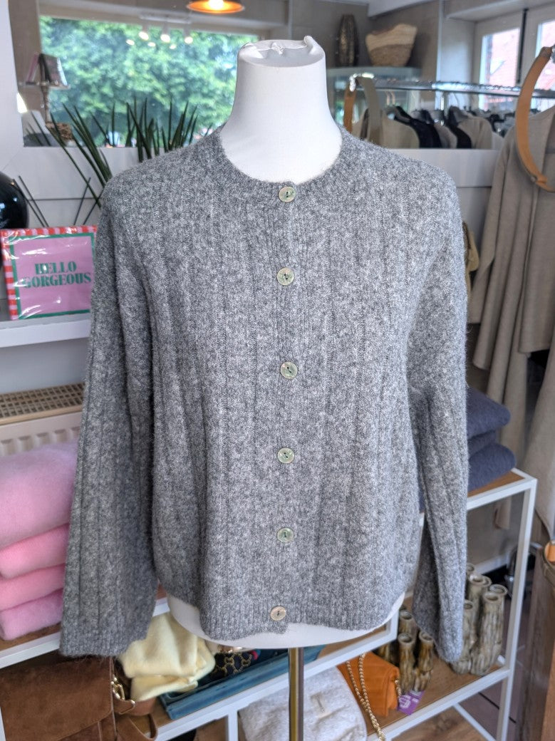 Ribbed Cardigan with Pearl Buttons — Grey Melange