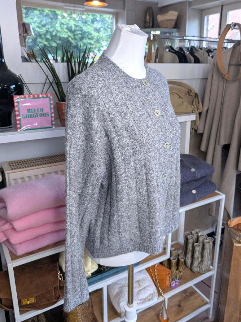 Ribbed Cardigan with Pearl Buttons — Grey Melange