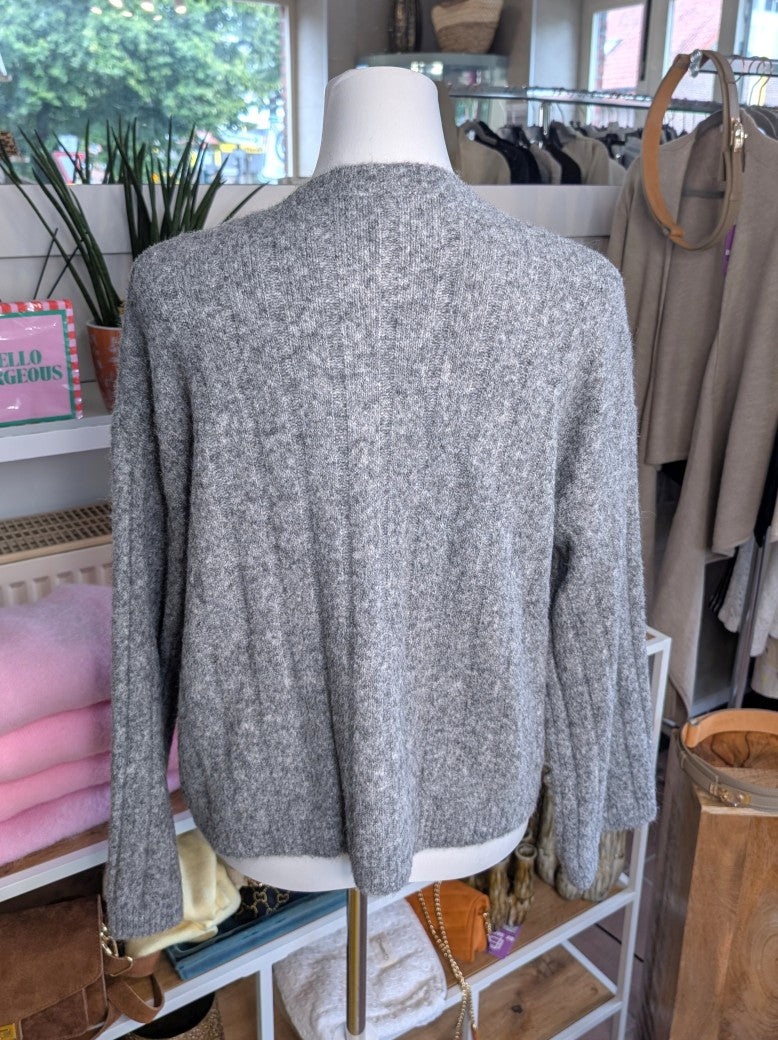 Ribbed Cardigan with Pearl Buttons — Grey Melange