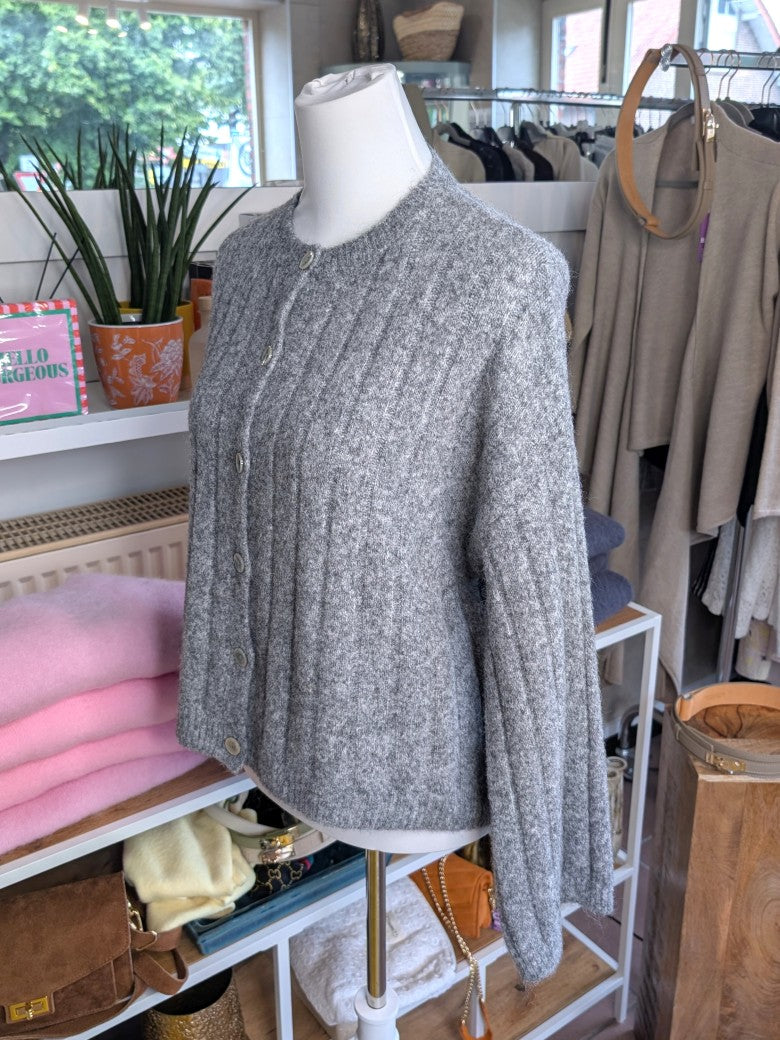 Ribbed Cardigan with Pearl Buttons — Grey Melange