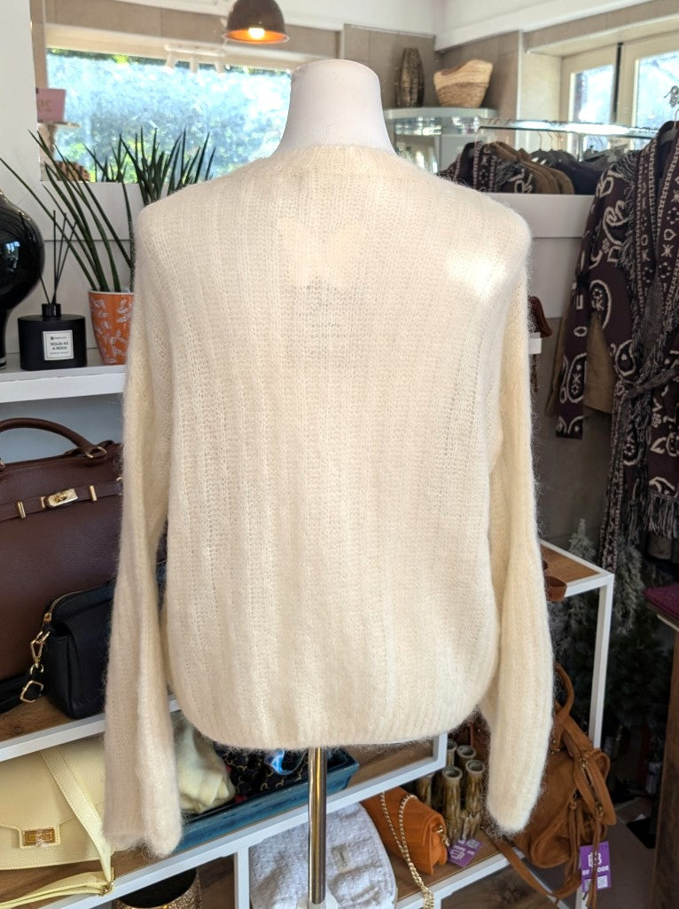 Soft Kid Mohair Balloon-Sleeve Sweater — Cream