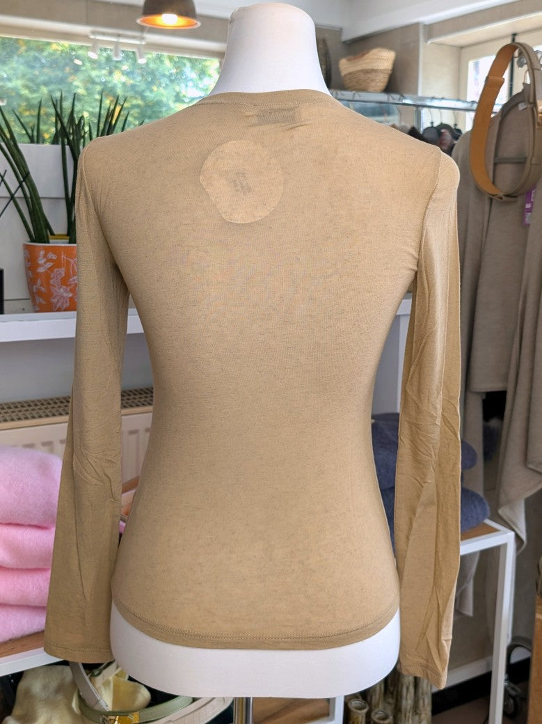 Semi-Sheer Cashmere Viscose Long-Sleeve Top — Beige