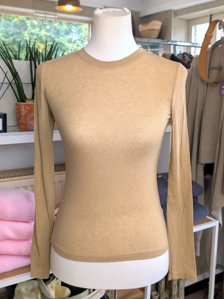 Semi-Sheer Cashmere Viscose Long-Sleeve Top — Beige