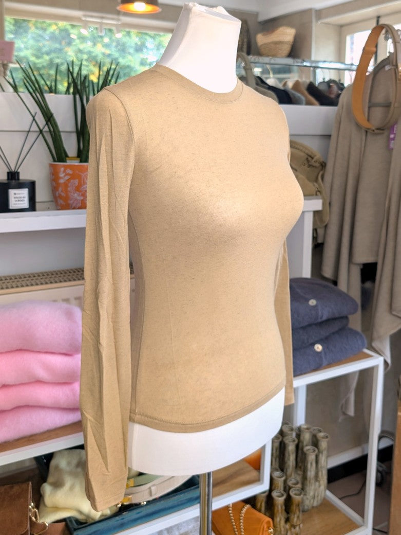 Semi-Sheer Cashmere Viscose Long-Sleeve Top — Beige