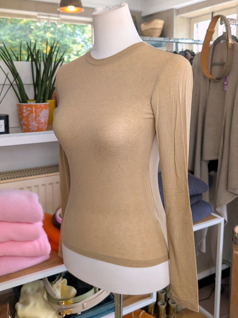 Semi-Sheer Cashmere Viscose Long-Sleeve Top — Beige