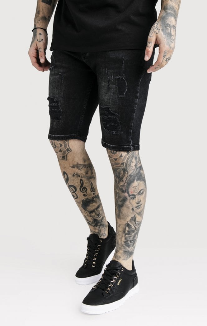 Distressed Skinny Shorts – Washed Black