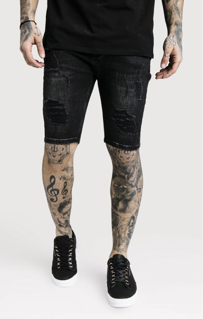 Distressed Skinny Shorts – Washed Black