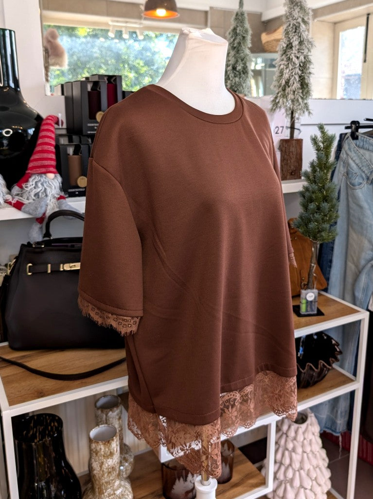 Short-Sleeve Lace Sweatshirt — Coffee Brown