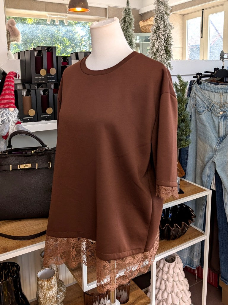 Short-Sleeve Lace Sweatshirt — Coffee Brown