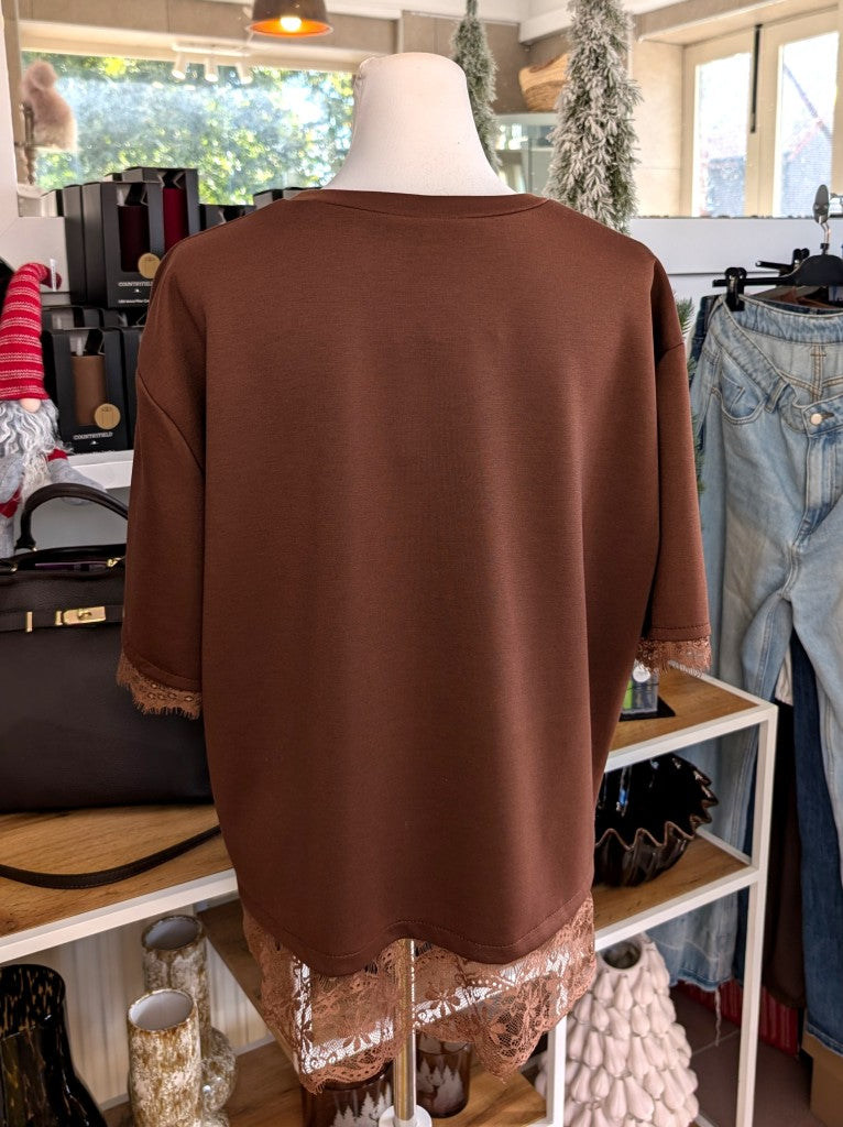 Short-Sleeve Lace Sweatshirt — Coffee Brown