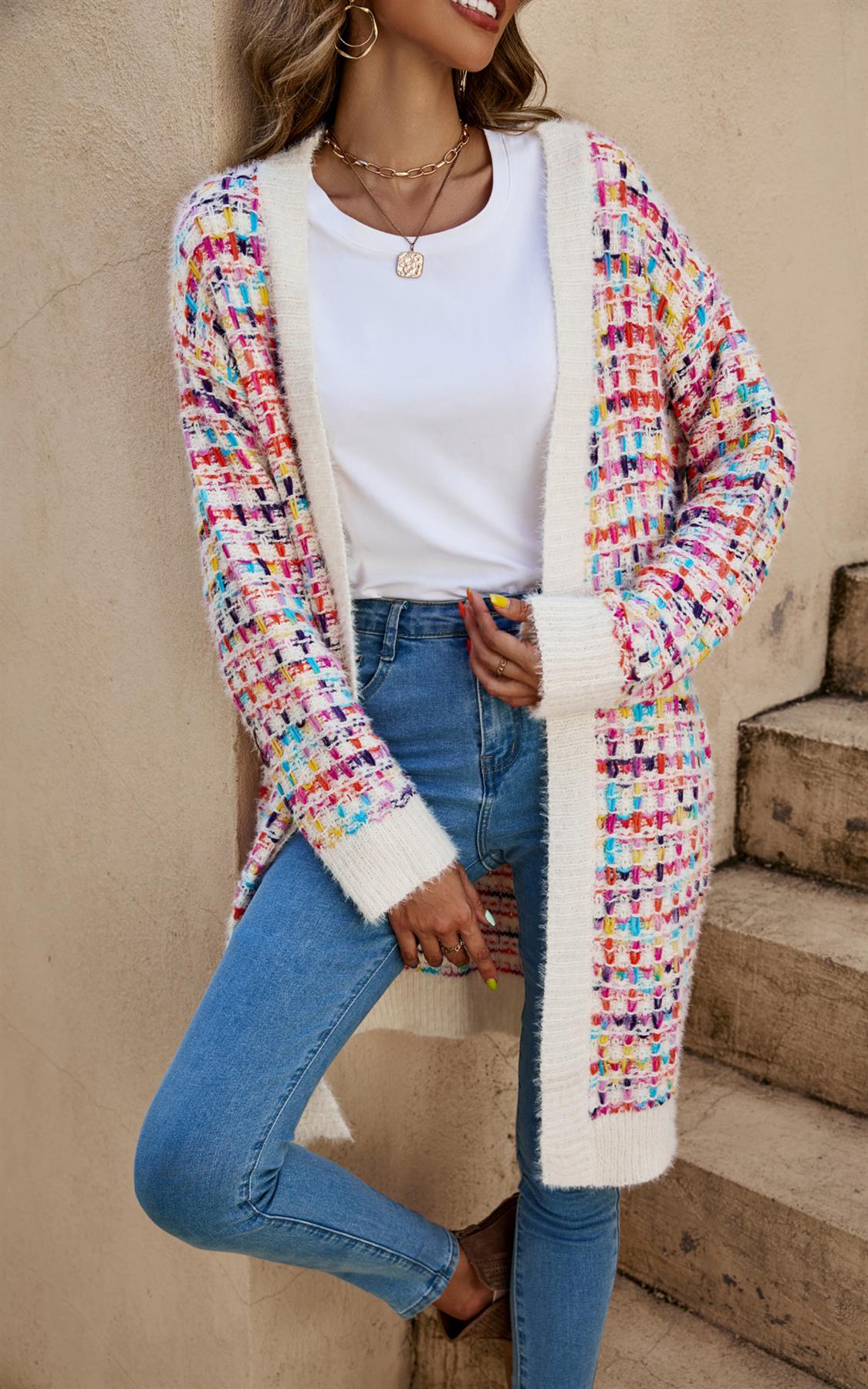 Cream Boucle Check Cardigan In Rainbow Multicolour Speckles