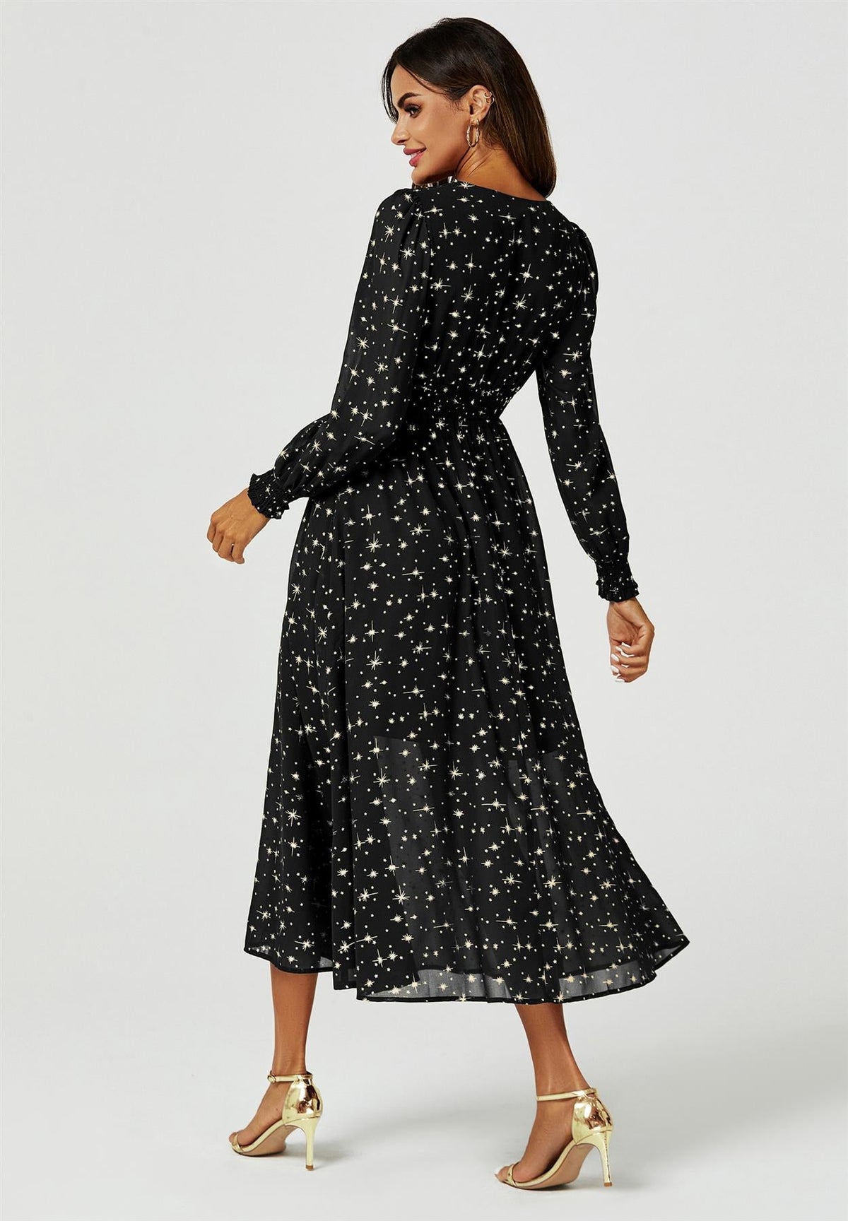 Gold Star Foil Long Sleeve Maxi Dress In Black