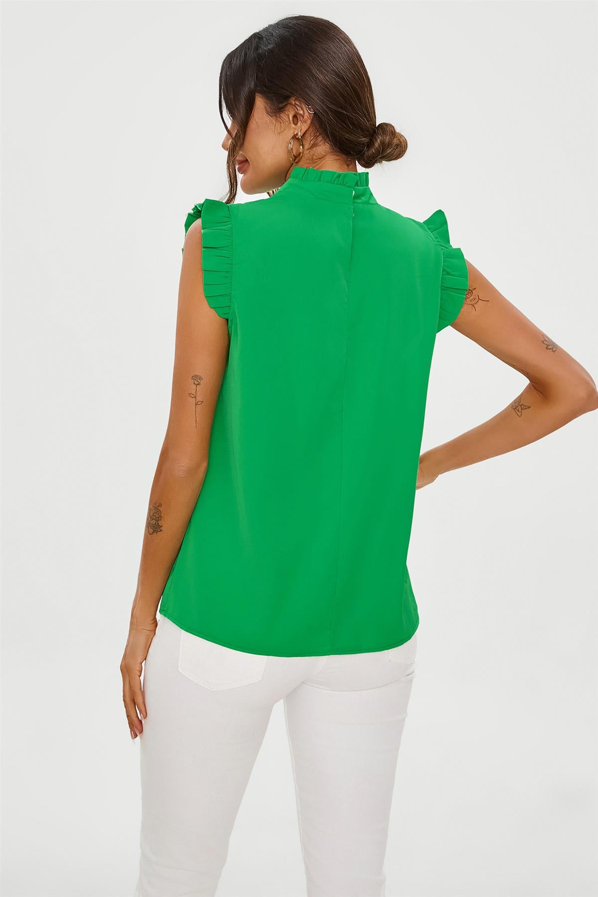Frill Trim Sleeve High Neck Blouse Top In Light Green