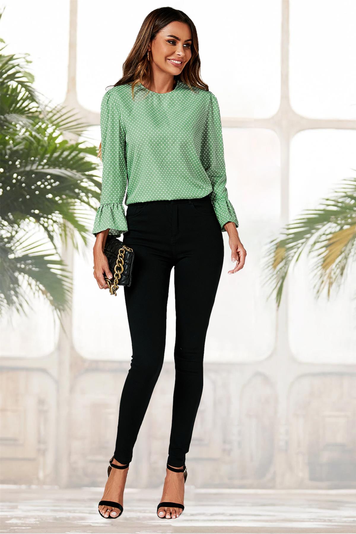 Polka Dot Print Frill Detail Cuff Top In Green