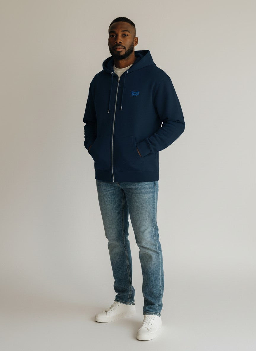 Motion Zip Hoodie 350 g/m² – Bio-Baumwolle, blaue Stickerei